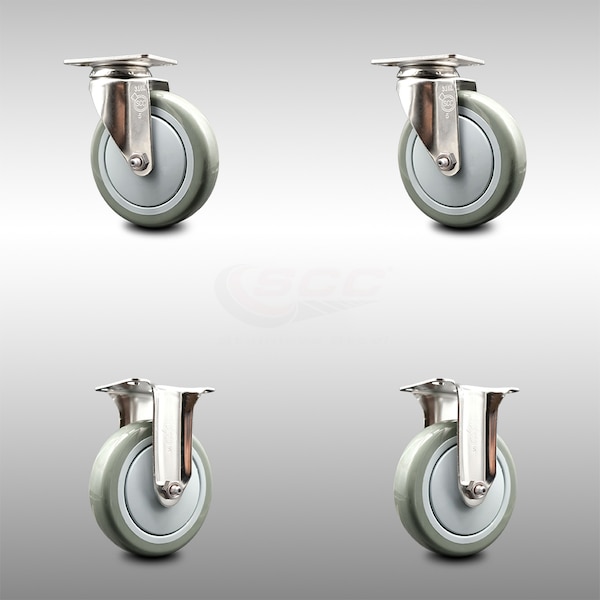 5 Inch 316SS Gray Polyurethane Wheel Swivel Top Plate Caster Rigid SCC, 2PK